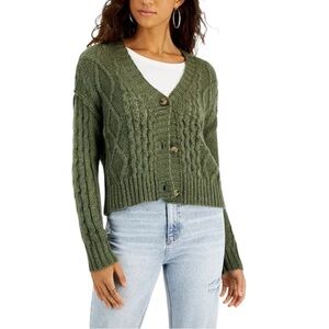 NWT Hooked Up by IOT Juniors Cable-Knit Button-Front Sweater Green